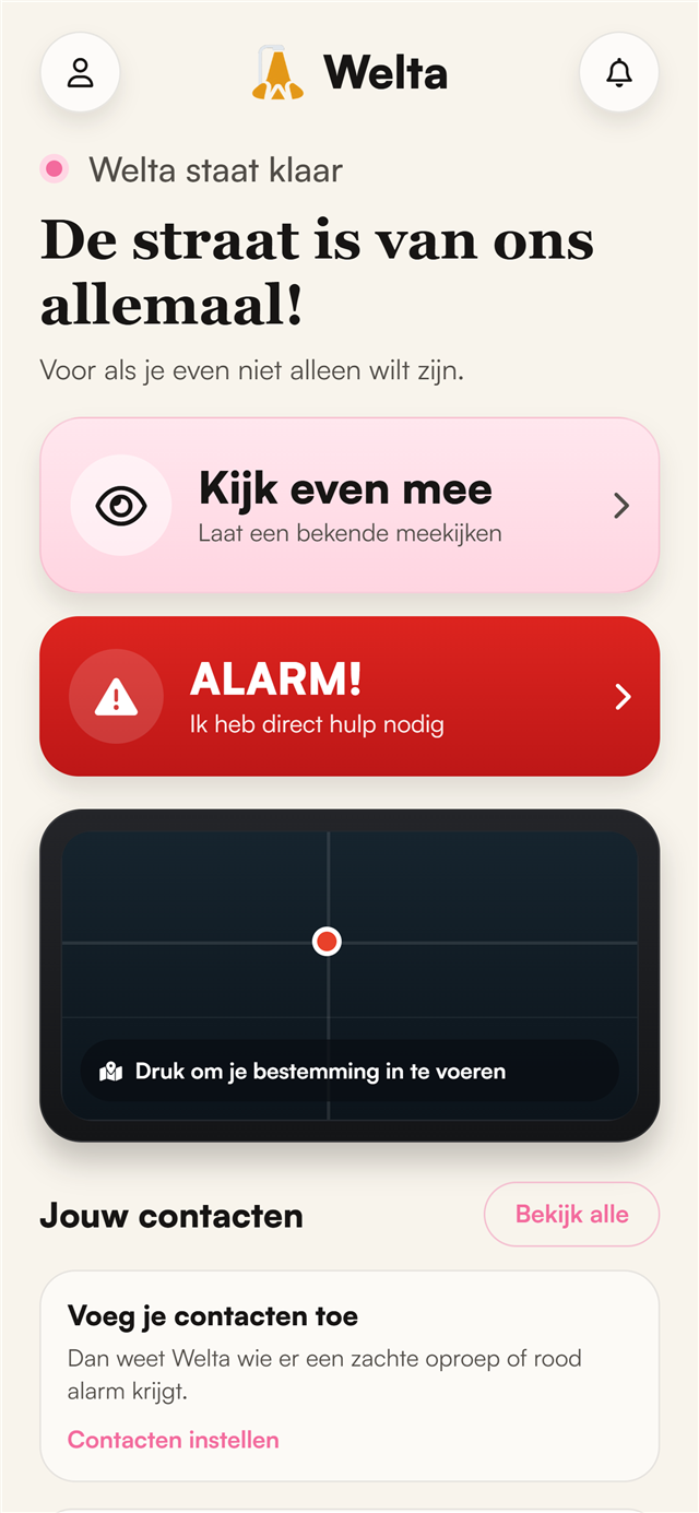 Welta-app: beginscherm met Kijk even mee en Alarm
