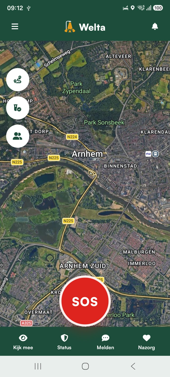 Welta-startscherm met satellietkaart van Arnhem, SOS en Kijk mee