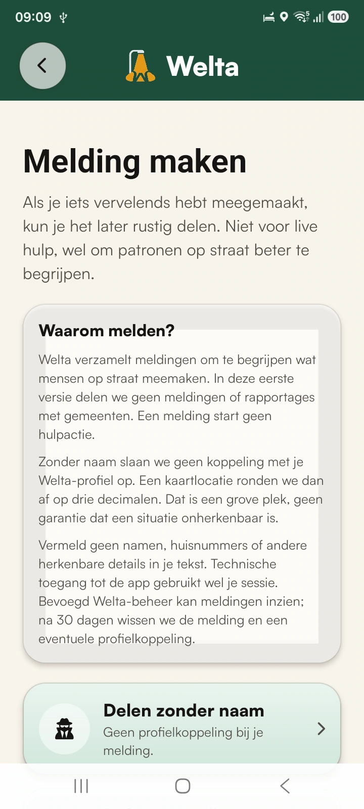 Bestaand Welta-appscherm voor het maken van een melding