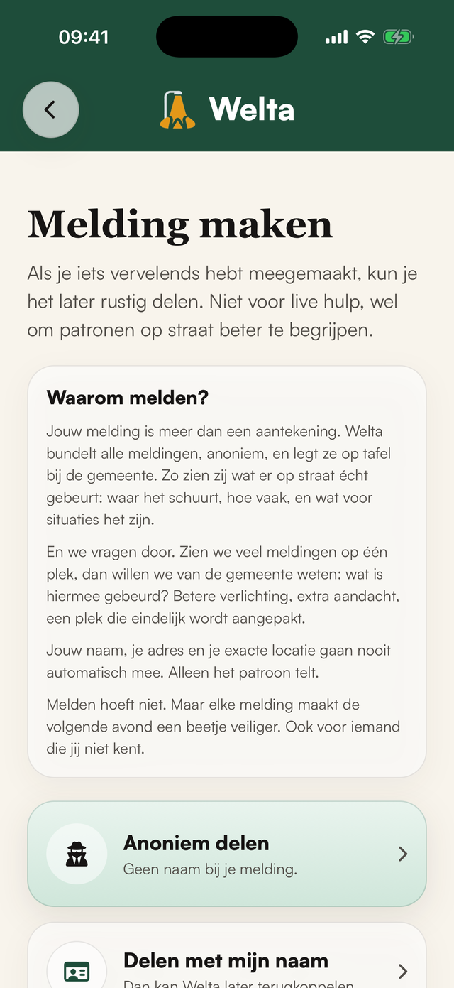 Meldscherm van de Welta-app