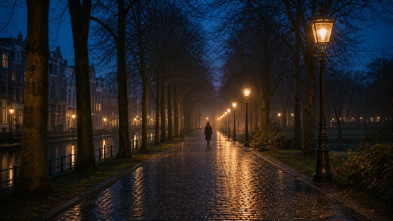 Verlichte laan in een Nederlandse stad in de avond